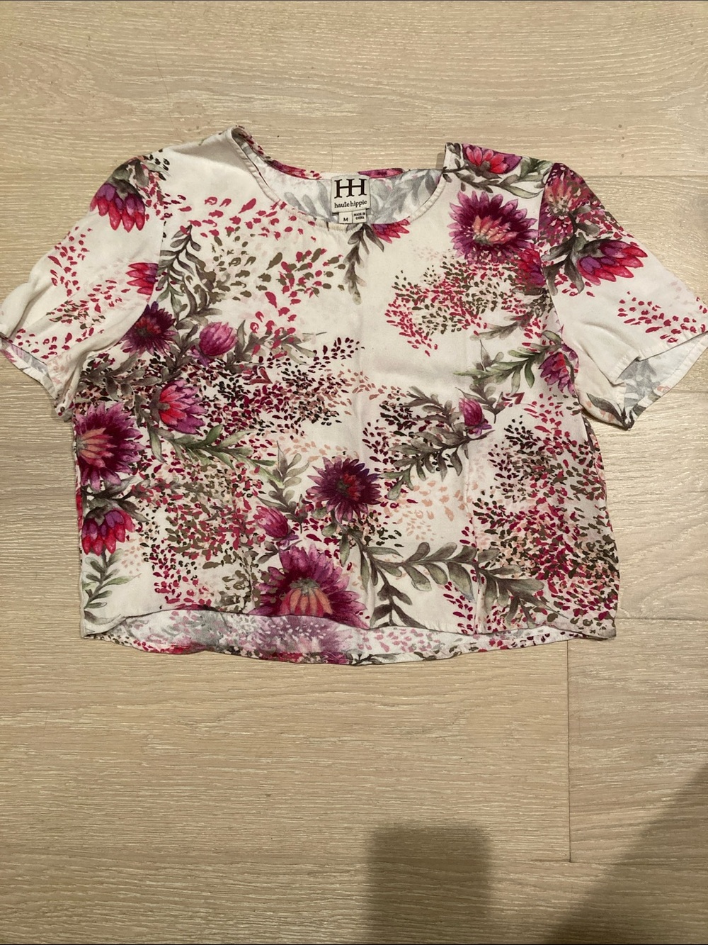 Haute Hippie White Floral Short Sleeve Blouse with Pink Accents